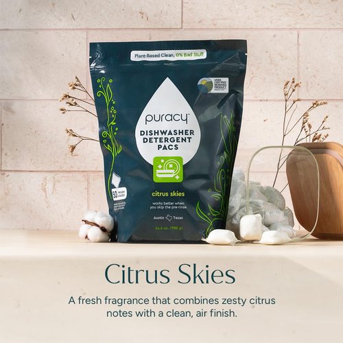 Puracy Dishwasher Pods - Enzyme-Powered Natural Detergent for Spotless Dishes | Citrus Skies, 50 Count