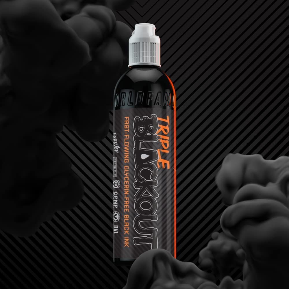 World Famous Tattoo Ink - Triple Blackout Tattoo Ink - Dark & Bold Black Shade - Professional Tattoo Ink & Tattoo Supplies - Skin-Safe Permanent Tattooing in Bold Shades - Vegan & Non-Toxic (8 oz)
