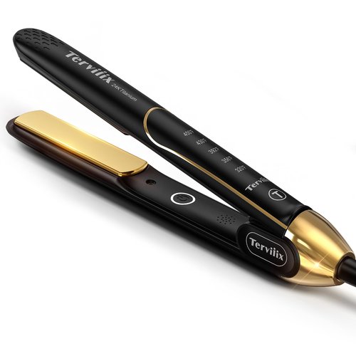 Terviiix 100% Titanium Flat Iron, 24K Salon Professional Hair Straightener and Curler 2 in 1, Non-Snagging Straightening Iron for One Swipe, 15s Ultra Fast Heating, Dual Voltage, Auto Shut Off, 1''