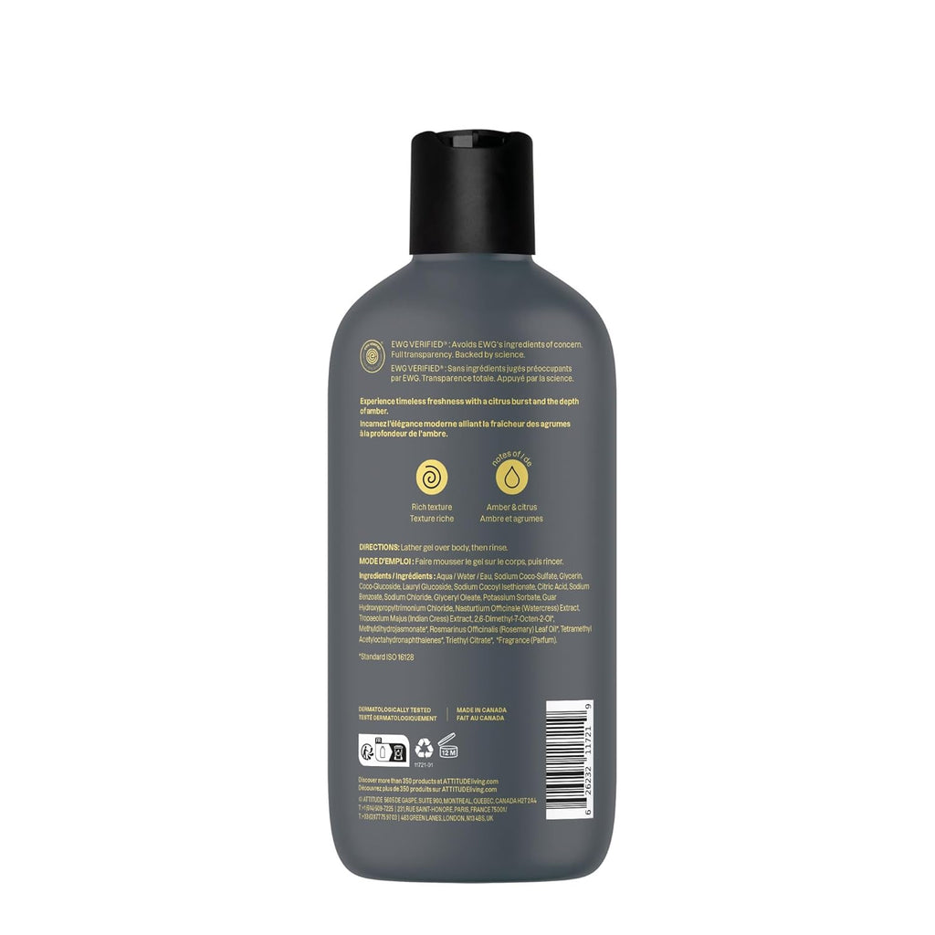 ATTITUDE Shower Gel for Men - 98% Natural Ingredients, Paraben-Free, EWG Verified | Amber & Citrus, 14 Fl Oz