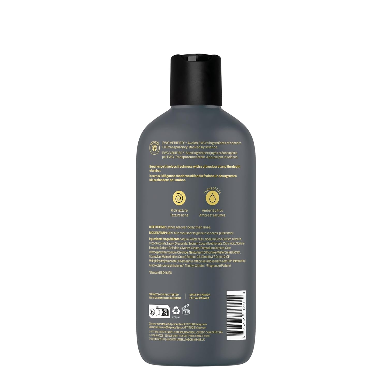 ATTITUDE Shower Gel for Men - 98% Natural Ingredients, Paraben-Free, EWG Verified | Amber & Citrus, 14 Fl Oz