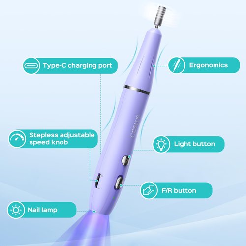 COSLUS Cordless Nail Drill Electric C41(END04): 2-in-1 Nail File with Flash Cure for Acrylic Gel Dip Powder Nails, Stepless Control for Beginner Home DIY, Portable & Professional Pedicure Kit