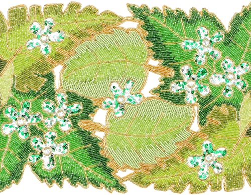 Green Leaves Hand Beaded Table Runner 13x36 Inches - Farmhouse Decor