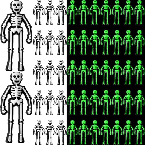 Glow in The Dark Mini Skeleton Decorations - 50 White Tiny Figurines for Halloween Haunted House & Party Favors