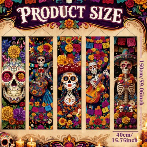 Day of the Dead Banner Set - 5 Pcs Dia De Los Muertos Halloween Decor with Sugar Skull Art & Papel Picado - Variation of 5 / Day of the Dead
