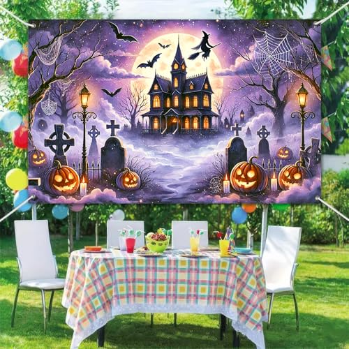 Halloween Backdrop Haunted House Witch Banner 71x43 Inch - Halloween Decor Variation 7