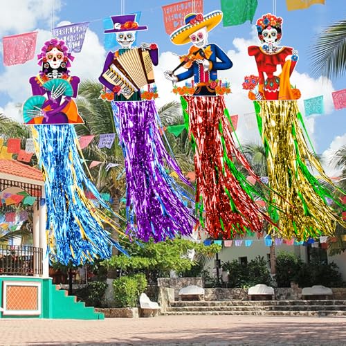 Day of the Dead Hanging Decorations - 6 Pieces, Colorful Skull & Tassel Set