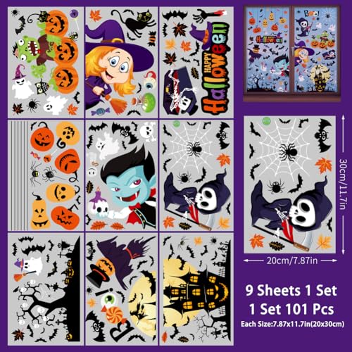 Halloween Window Clings Decorations - Black, 9 Sheets Reusable Static Stickers for Home & Office Windows