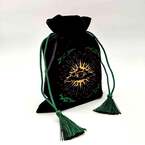 La Muci Black Velvet Pouch for Tarot Decks, Oracle Cards and Crystals, Embroidered Mystical Makeup Bag, Soft Velvet Cosmetic Pouch, Travel Organizer Storage Bag with Tassel