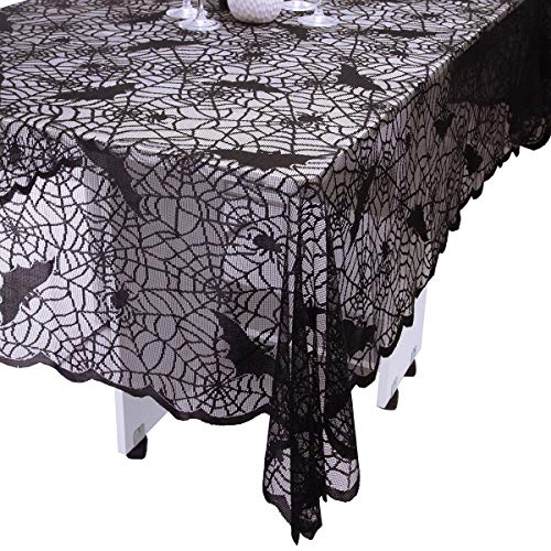 83x60 Inch Halloween Lace Tablecloth - Spider Web & Bat Design, Rectangular Polyester