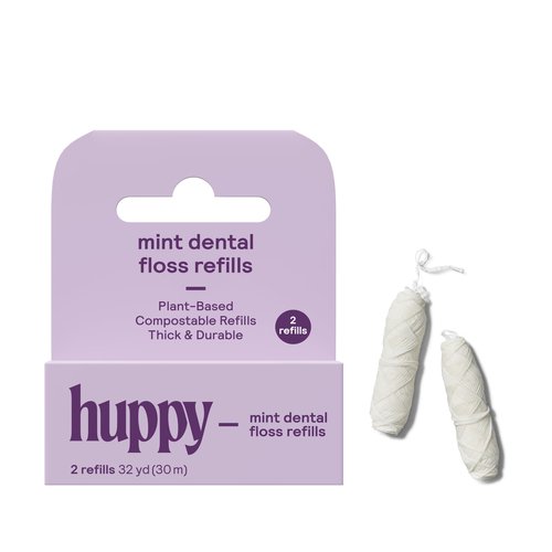 HUPPY Plastic-Free Vegan Dental Floss (2 Pack Refill) – Compostable Corn-Starch & Candelilla Wax Floss, Peppermint Scent, Strong & Gentle for Sensitive Gums, Eco Oral Care