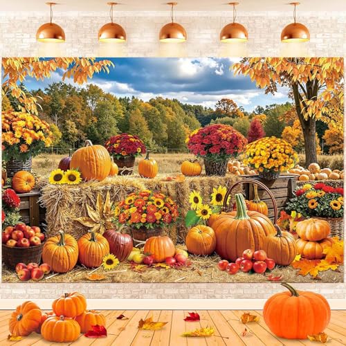 8x6FT Fall Pumpkin Backdrop Autumn Haystack Maple Leaves Photography Background