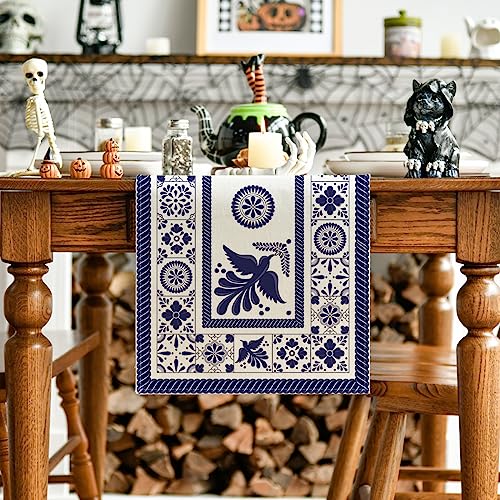 Mexican Floral Bird Table Runner 13x90 Inch Blue Patchwork Tiles Home Decor
