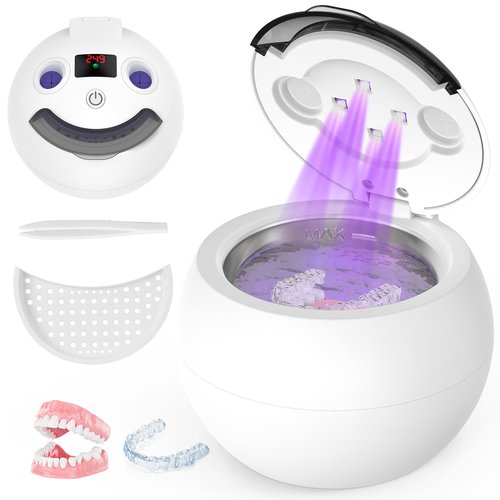 SAYCLO Dental Ultrasonic Retainer Cleaner - 48kHz Dental Cleaning Pod for Denture, Braces, Mouth Guard, Toothbrush Heads, Jewelry, 4 Modes Retainer Cleaner Machine with Digital Timer & 200ML,White
