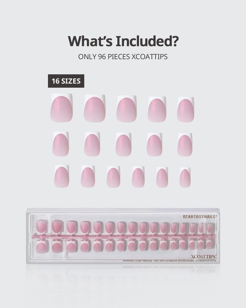 BTArtboxnails Shimmering French Tip Nails - 96Pcs Sparkling Pink Base Extra Short Press On Nails, Requires Nail Lamp & Top Coat, 16 Sizes Full Set for Wedding
