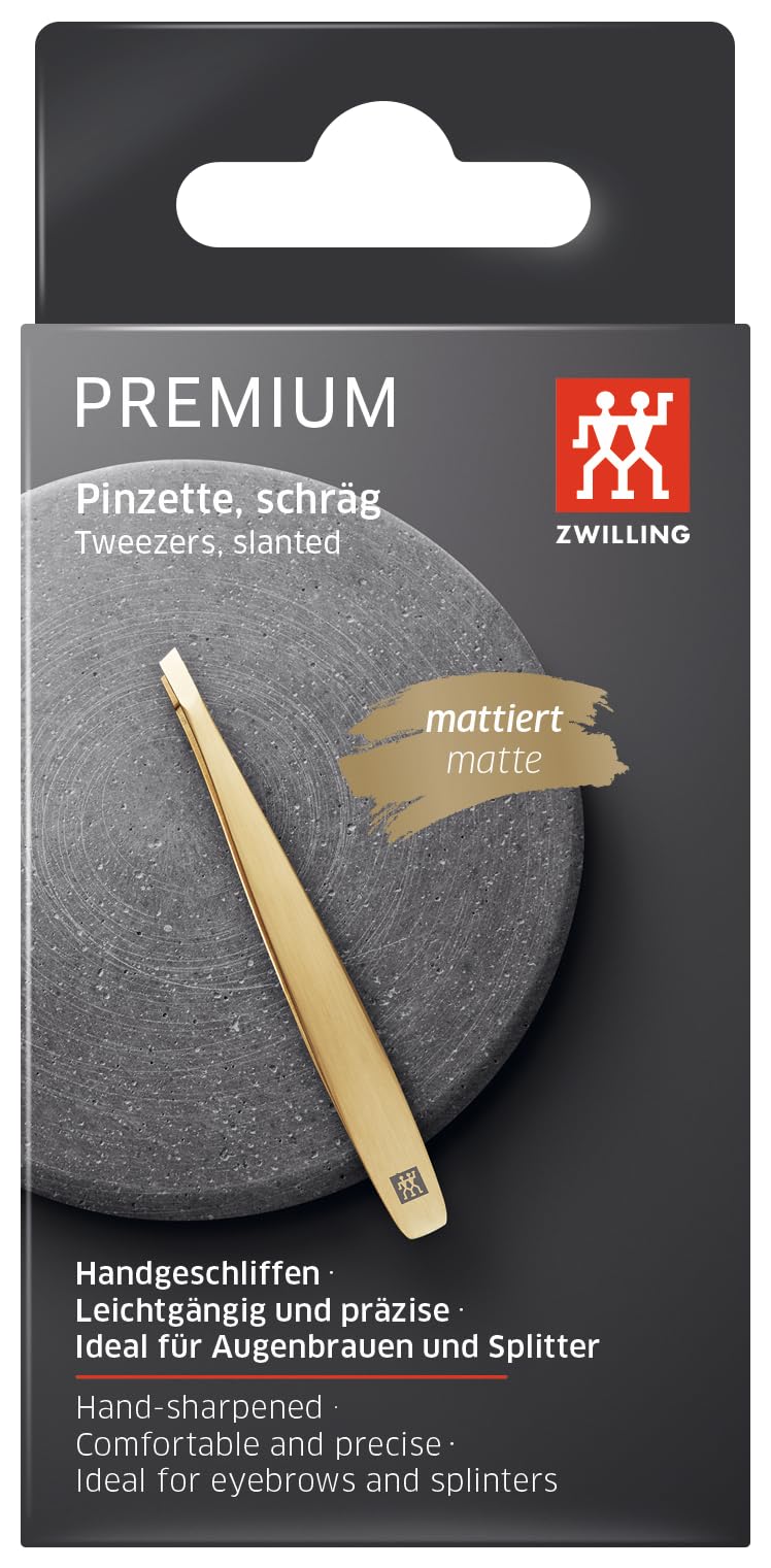 ZWILLING Tweezer Slanted (plucking eyebrows, removing splinters, hand finished, roughened tips, hypoallergenic), Premium, Gold, 3.5 inch