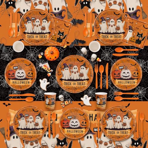 Halloween Disposable Party Plate and Napkin Set - Ghost Pumpkin Design, Serves 24