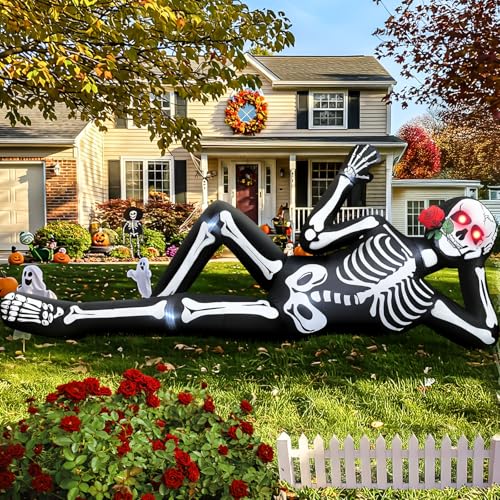 10FT Inflatable Skeleton with Biting Rose Halloween Yard Decor - Outdoor Giant Skeleton