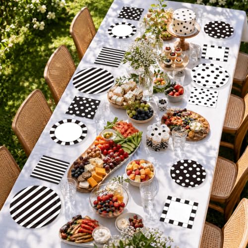 Black and White Polka Dot and Striped Party Decorations Set for 48 Guests