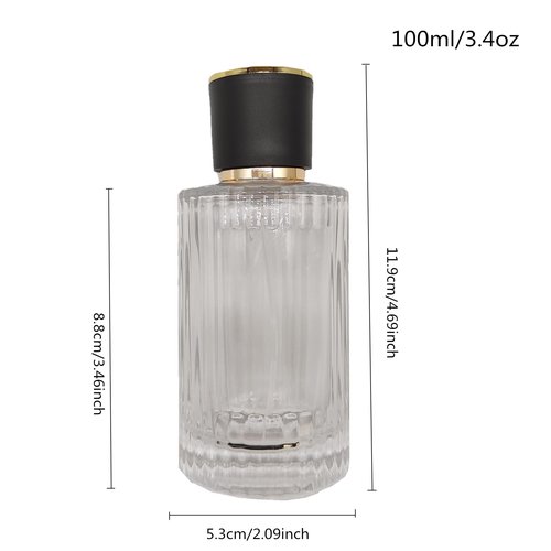 PimyRcyi Glass Spray Bottles for Perfume,3.4oz Empty Clear Vertical Stripes Round Fine Mist Spray Container 100ml,2PCS (Clear+Black)