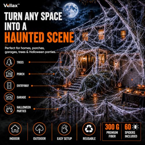 Vellax Halloween Spider Web Decorations 300g with 60 Spiders - Indoor & Outdoor Spooky Decor