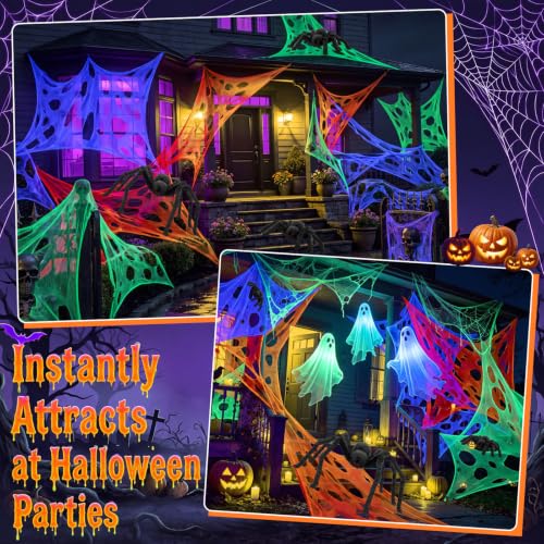 Giant Halloween Spider Web Set with Glow-in-The-Dark Spiders for Outdoor Decorations