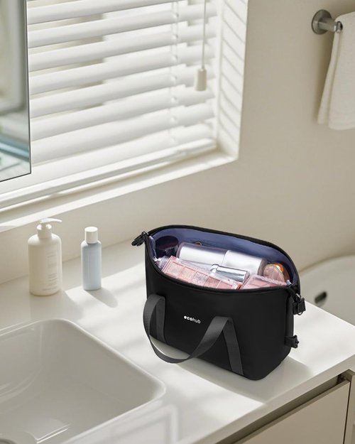 ECOHUB Travel Toiletry Bag for Women, Water-resistant Makeup Bag, Lightweight Cosmetic Bag, Travel Essentials Toiletries Bag, Recycled Makeup Organizer for Full-Sized Toiletries, Black