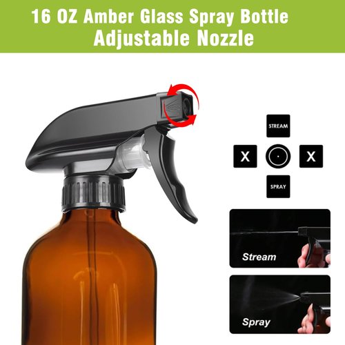 HAOERMEI 16oz Amber Glass Spray Bottles,2-Pack Refillable Empty Spray Bottl for Cleaning, Hair Care, Plants - Adjustable Nozzl