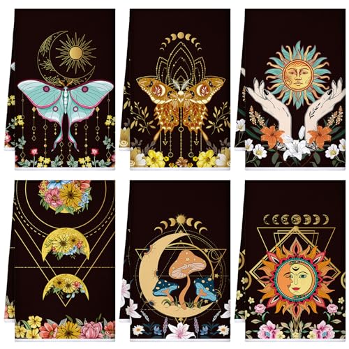 Moon Witchy Kitchen Towels Set of 6 - Boho Farmhouse Microfiber Dish Cloths