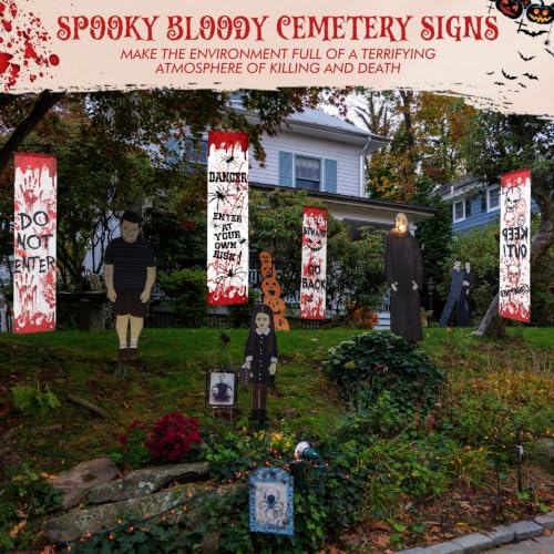 Halloween Horror Warning Banner - Red Warning Signs for Party Decor