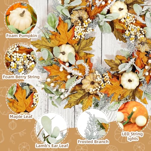 Yellow 24-Inch Pre-Lit Harvest Fall Wreath for Front Door - Thanksgiving Decor