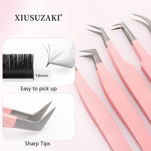 Lash Tweezers For Eyelash Extensions Fiber Tip Lash Tweezers Pink Straight/Curved Tweezer(Pink,X07)