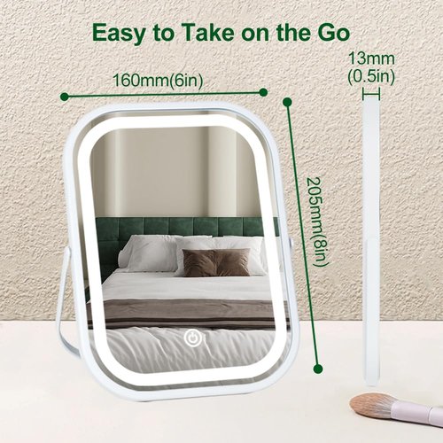 Leadzones Rechargeable Desk Vanity Makeup Mirror with Lights,8x6 Inch Folding Portable Mirror with Metal Stand Adjustable Rotation,Tavel Make Up Mirror for Table
