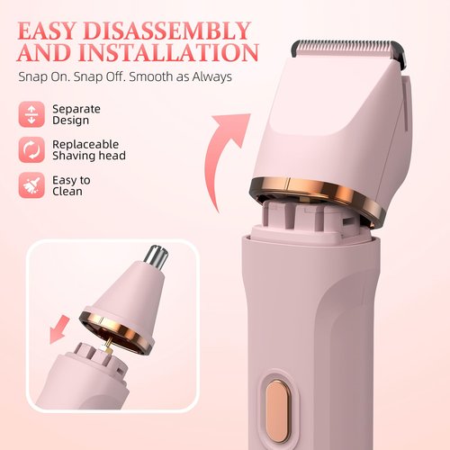 HOHOLE 5-in-1 Bikini Trimmer for Women, IPX7 Waterproof Electric Razors Shaver, Cordless Body Hair Trimmer, Facial & Pubic Hair Removal, Ceramic Blade (Pink)