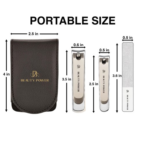 Beauty Power Nail Clippers Set 3 in 1 - Stainless Steel Toe Nail Clippers, Fingernail Clipper, Glass Nail File, Anti Splash, Ergonomic Grip in Black PU Leather Travel Case for Men & Women - Gift Idea