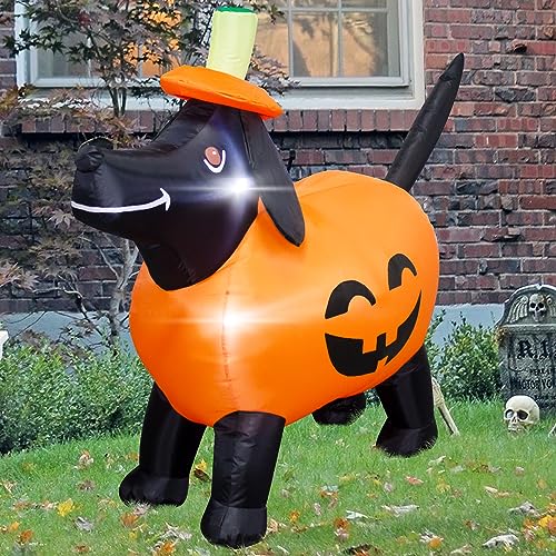 Halloween Inflatable Pumpkin Dog Decoration with LED Lights - 4FT Tall, Outdoor Indoor Yard Decor with Self-Inflating Blower