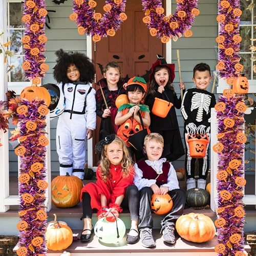 50 FT Halloween Tinsel Garland with Purple & Black Pumpkins - Glitter Decor Streamers