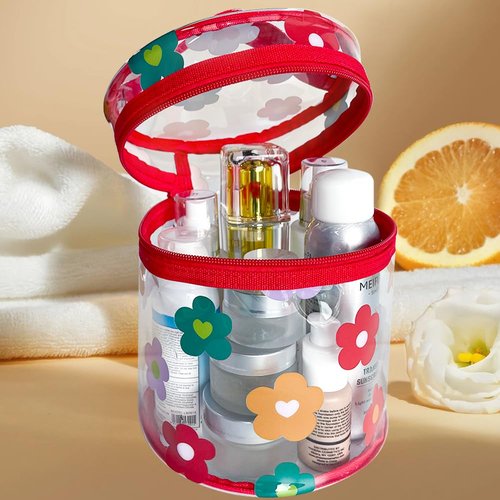 TotePrint Printed Flowers Clear Cylinder Travel Makeup Bag,Portable Waterproof Pouch with Handle Ideal for Women and Girl (Multi Flowers)