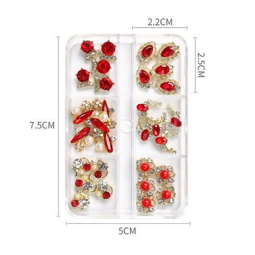 JERCLITY 30 Pieces 3D Luxury Alloy Gold Nail Charms Flat Back Red Nail Rhinestones Gems Jewels Crystal Diamonds for Nails Nail Pearls Diamonds for 3D Nails Art Decoration Accessories