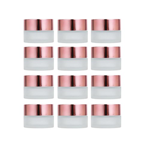 12Packs 5g Frosted Glass Jars with Rose Gold Caps and Inner Liners Refillable Cosmetic Containers Sample Vials Round Lotions Sample Containers for Lip Scrub Balm Lotions Eye Creams DIY
