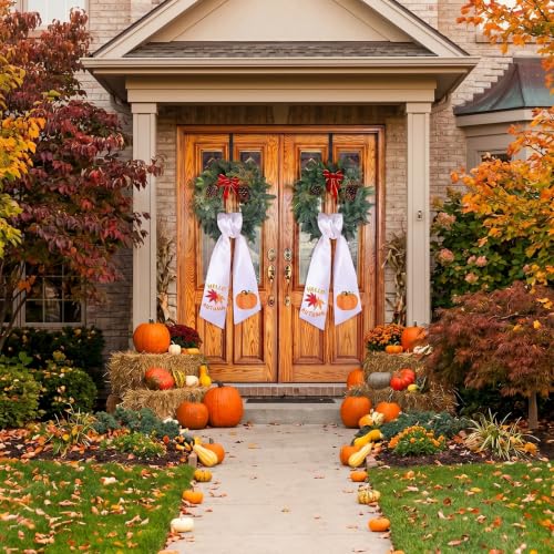 Fall Wreath Sash Set - White and Pumpkin Autumn Front Door Decor, 2 Pieces