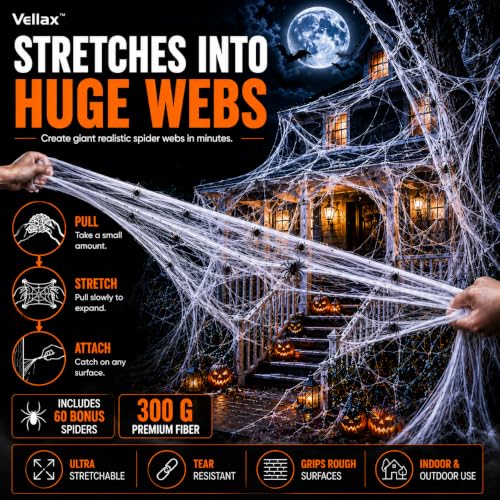 Vellax Halloween Spider Web Decorations 300g with 60 Spiders - Indoor & Outdoor Spooky Decor