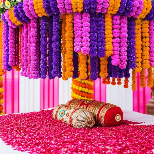Artificial Marigold Garland 15 Pack - Orange, Dark Purple, Violet 5ft for Party Decor
