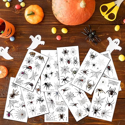 Halloween Spider Web Temporary Tattoos - 10 Sheets with Realistic Spider Designs - Waterproof & Easy to Remove - Spider Variation