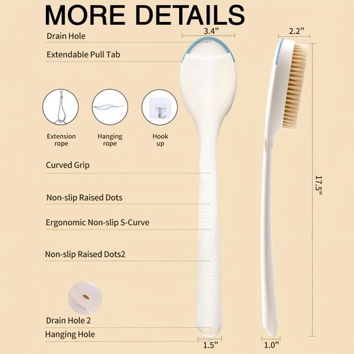BUBBLEDANCE® Back Scrubber for Shower with Extendable Long Handle (17.5-31.9"), 1.3X Larger Natural Stiff Bristles, Anti-Slip Shower Brush for Deep Exfoliating, Bath & Dry Brushing