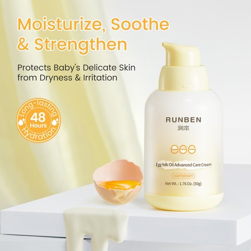 RUNBEN Baby Face Cream - 48H Deep Moisturizing with Egg Yolk Oil | Gentle, Fragrance-Free Lotion for Dry Skin, 1.76 oz