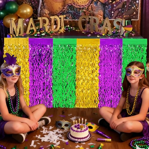 Mardi Gras Decorations 2 Pack Purple Green Gold Metallic Tinsel Fringe Table Skirts