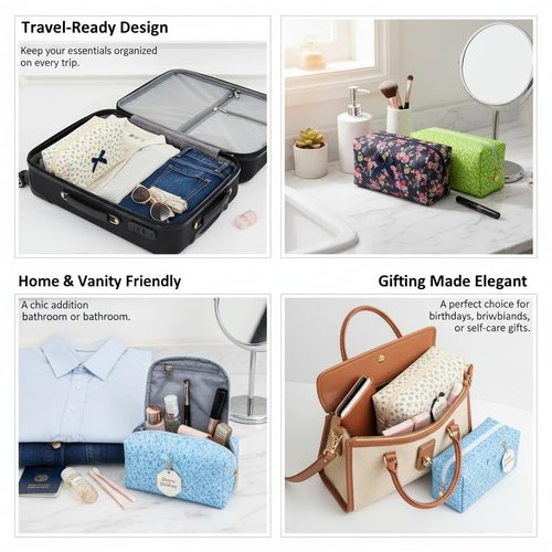OIMEI Floral Quilted Cotton Makeup Bag for Women, Large Capacity Travel Cosmetic Pouch with Zipper, Cute Toiletry & Brush Organizer, Kawaii Makeup Storage Case – Blue Floral