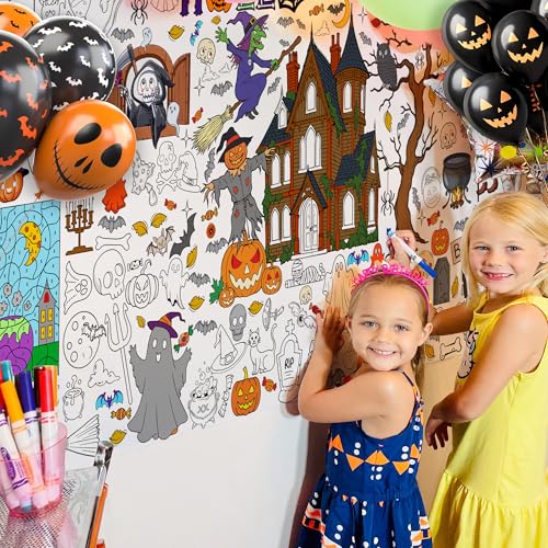 Halloween Coloring Tablecloth Giant Poster with Haunted Castle Pumpkins Bats Ghosts - Halloween-2