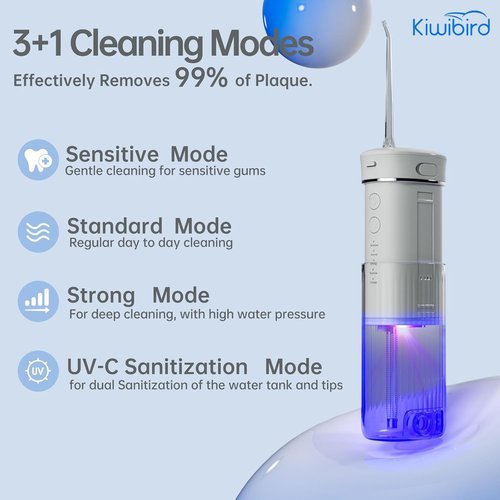 KIWIBIRD Mini Water Flosser - Ultra-Portable Cordless Oral Irrigator with UVC Light & IPX8 Waterproof | 230mL Teeth Cleaner for Tonsil Stones & Braces Care (Purple)